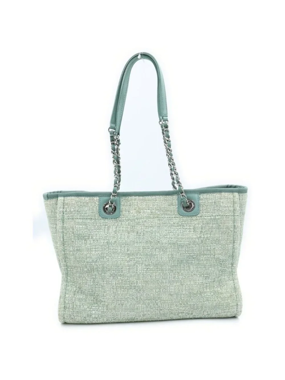 Chanel Deauville MM Jacquard Tweed Silver Chain Tote Shoulder Bag Green